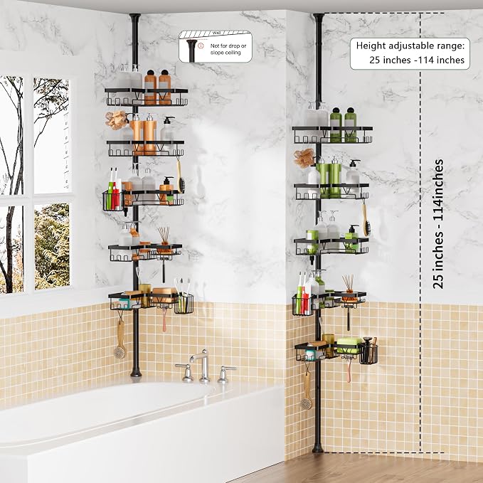 DAOYA Adjustable Tension Pole Shower Caddy, 5-Tier Stainless Steel Shower Shelf Organizer with 2 Movable Toothbrush Holders, 25-115 Inches Extendable Bath Tub Conner Storage Shelf for Family, Black