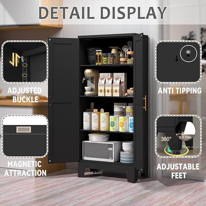 GAIOUS 61.02" Kitchen Pantry Cabinet, Pantry Storage Cabinet with 2 Doors and Adjustable Shelves, Black Food Storage for Kitchen, Living Room, Bedroom and Dining Room (Black) Metal Sideboard