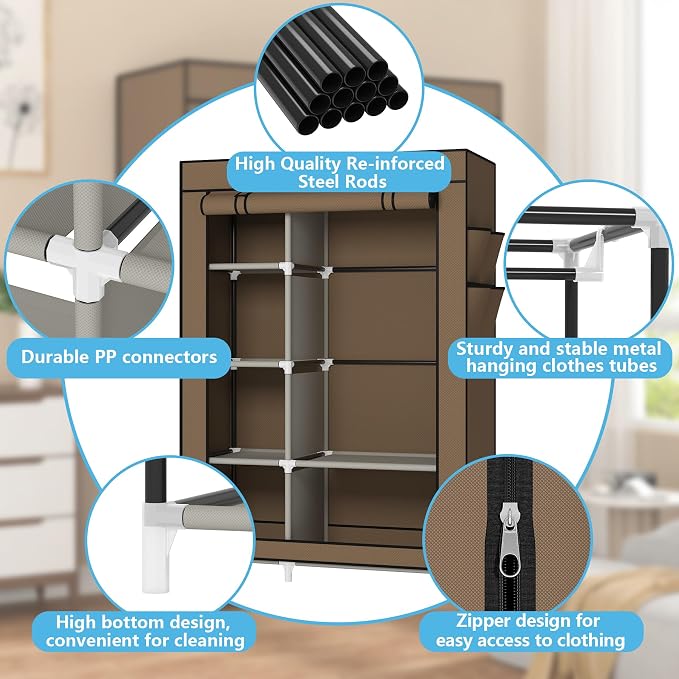 Calmootey Portable Closet Organizer, Space-Saving Storage System for Home | Sturdy Rod for Coats, 6 Shelves for Folded Clothes, 4 Side Pockets for Small Items, Non-Woven Dustproof Cover, Brown