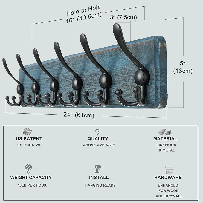 Coat Rack Wall Mounted - 24" Long 6 Tri Hooks, Heavy Duty Wooden Wall Coat Hanger Coat Hook for Clothes Hat Jacket Clothing, Weathered Blue and Black, Pack of 2