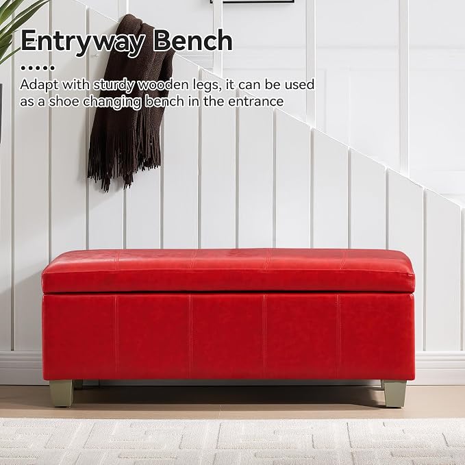 WUTUTUEE 41" Faux Leather Storage Ottoman, Stitch Tufted Rectangle Upholstered End of Bed Storage Bench, Entryway Large Couch Ottoman with Wooden Legs,Red