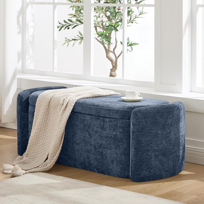 Oval Ottoman Bench with 20 Gal of Storage Space Upholstered Chenille Seat End of Bed Storage Bench Storage Ottoman with Storage for Bedroom, Living Room, Entryway, Window(Blue)