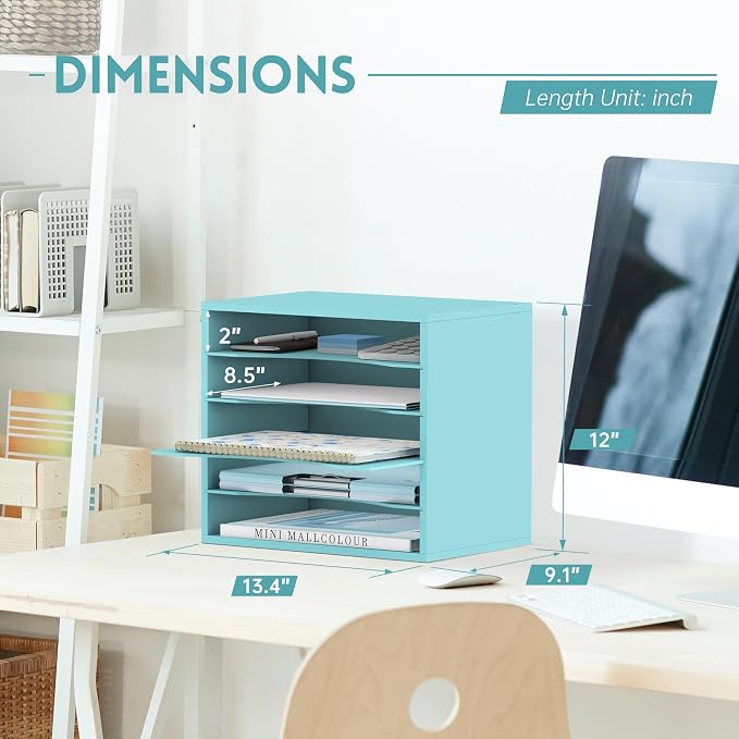 5 Tier Wood Desk Organizer, Mail Sorter and Paper Organizer for Desk, Blue | Wooden Desktop Organizer for Sorting Papers, Letters and Mails, Literature Organizer for Home Office, Classroom Organization