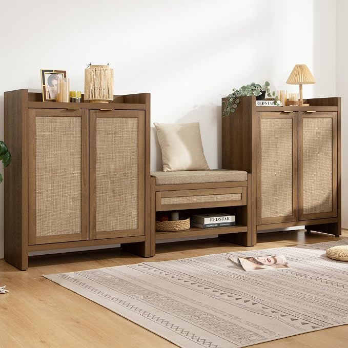SICOTAS Shoe Cabinet Set of 3 Large Capacity Shoe Storage Organizer Cabinet | Tall Rattan Shoe Cabinet with Doors and Shelves, 6-Tier Farmhouse Boho Wooden Storage Cabinet for Entryway Hallway
