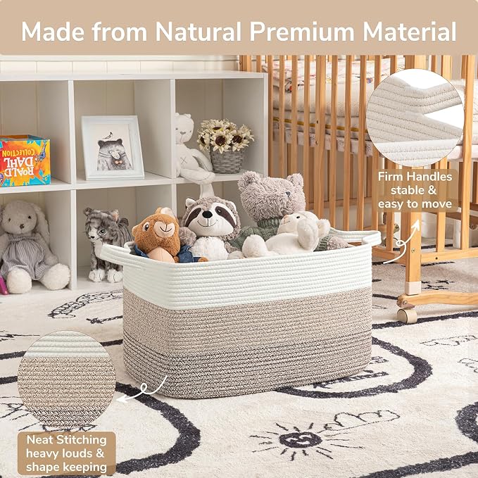 Goodpick Large Woven Storage Basket, Rectangle Storaget, Light Brown | 21.6 x 14.9 x 11.8 in, Cotton Rope, Living Room, Bedroom & Nursery Organization, Toys, Blankets & Clothes Storage