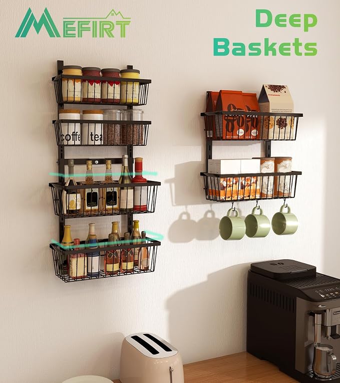 Mefirt 12 Inch Wide Narrow Over The Door Pantry Organizer 6-Tier Black | Pantry Hanging Organizers and Storage, Adjustable Heavy-Duty Metal for Home & Kitchen, Back of Door Seasoning Rack
