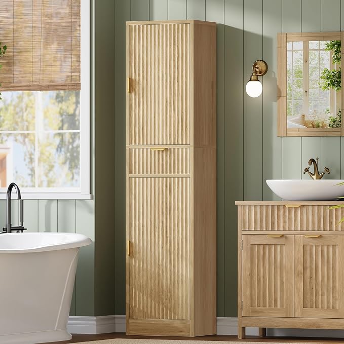 67″ Storage Cabinet with 1 Drawer and 2 Doors,Tall Bathroom Storage Cabinet with Adjustable Shelves, Rattan Fluted Cabinet for Bathroom, Living Room, Kitchen, Natural Oak