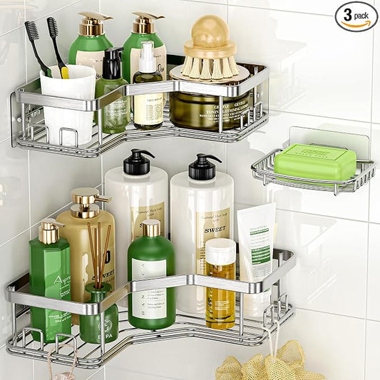 MAXIFFE 3 Pack X-Large Corner Shower Caddy with Soap Holder, Large Capacity Sturdy Easy Install No Drilling Stainless Steel Hold 40 LB Shower Organizer Shelves Rack for Family Renters Bathroom, Silver