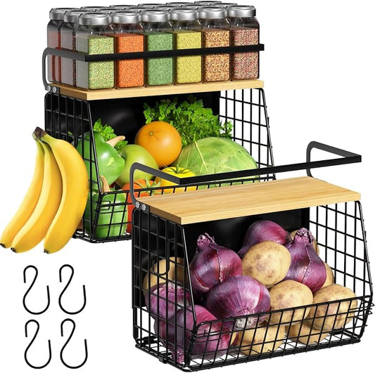 Magnetic Shelf for Fridge with Wood Lid, Fruit Potato and Onion Storage Bins, Pantry Organizers & Storage, Large Container Magnetic Spice Rack for Refrigerator, Kitchen Counter (Black, 2)