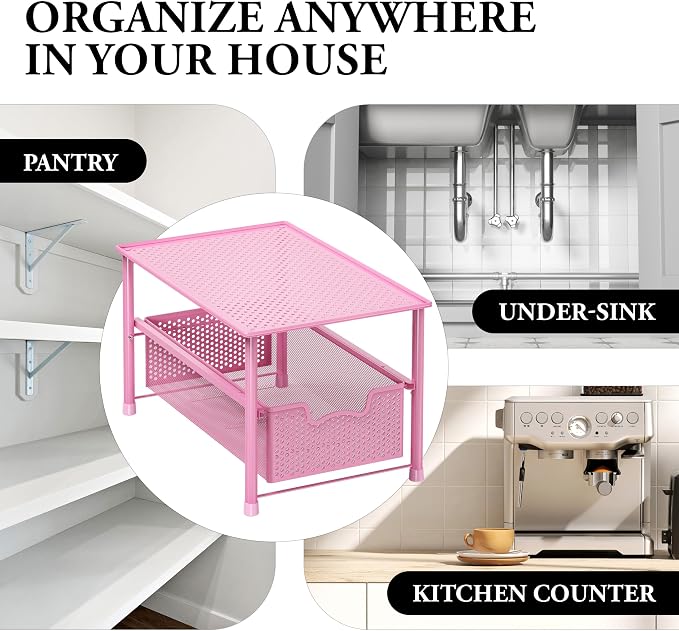 Simple Houseware Stackable Under Sink Sliding Basket Drawer, Pink | Perforated Free Standing Organizer, Kitchen/Pantry/Cabinet/Counter