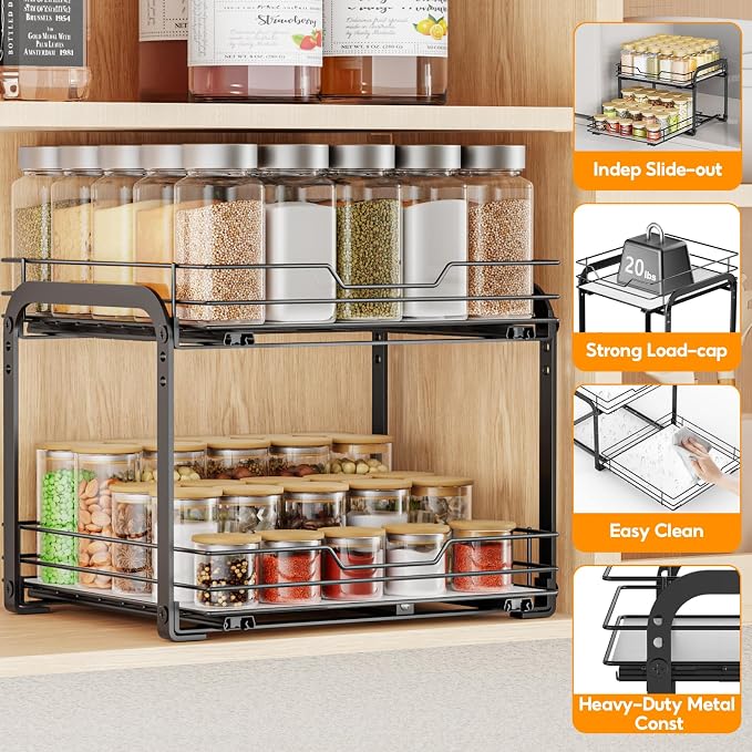 Pull Out Spice Rack Organizer for Cabinet, 2 Tier Metal Seasoning Organizer Slide Out Spice Storage Shelf, Heavy Duty Vertical Spice Rack Pullout for Kitchen, with Labels, 11.5W" X 10.5"D X 9"H