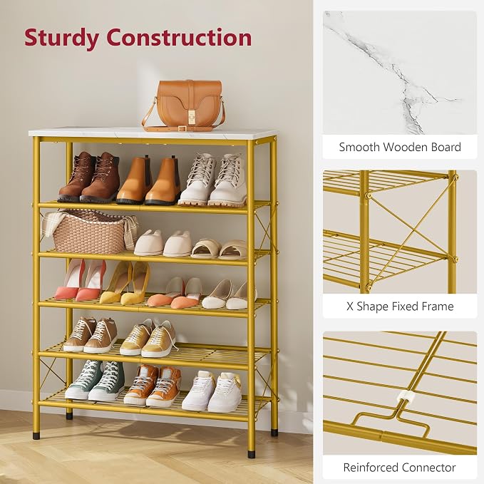6 Tier Shoe Rack Organizer for 20-24 Pairs of Shoes, Metal Mesh Shoe Shelf for Closet, Industrial Shoe Rack for Entryway Shoe Storage with X Shape Fixed Frame, White & Gold | Sturdy & Durable, X Shape Fixed Frame, Metal Mesh Shoe Shelf, Industrial, For...