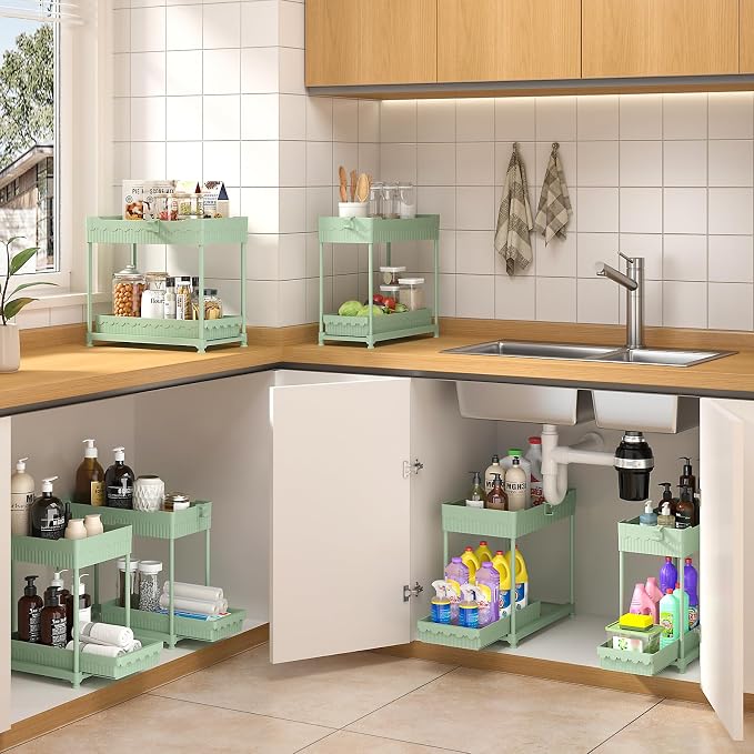 Sevenblue 4-Pack 2-Tier Under Sink Organizer with Pull Out Drawers | Multi-use kitchen & bathroom storage. Includes hanging hooks and cups. Green, space-saving cabinet design. 14.8 Inch