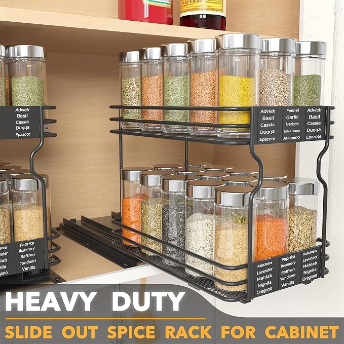 SpaceAid Pull Out Spice Rack Organizer for Cabinet, Heavy Duty Slide Out Seasoning Kitchen Organizer, Cabinet Organizer, with Labels and Chalk Marker, 6.5" W x10.75 D x8.5 H, 1 Drawer 2-Tier