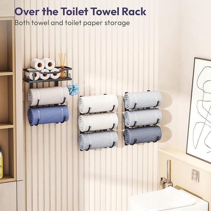SWTYMIKI Over the Door Towel Rack - 9 Tier Towel Racks for Bathroom Wall Mounted, Towel Holder with Shelf, Hanging Rolled Towel Storage Organizer for Small Bathroom, Camper, RV, Black