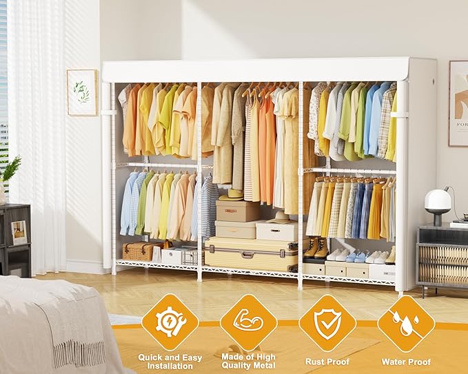 E14C Max Heavy Duty Closet Organizer System，Freestanding Clothing Racks for Hanging Clothes，Adjustable Garment Rack 86" W × 16" D × 77" H Hold 1060 lbs，White Rack with White Cover