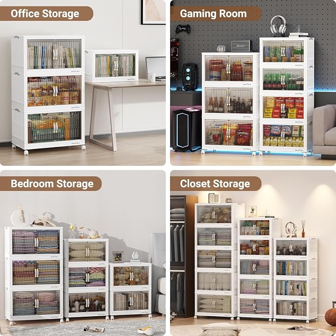 BROVIEW 320 Qt Stackable Storage Bins with Lid, Plastic Closet Organizers and Storage Drawer, Collapsible Storage Box with Wheels, Folding Storage Cabinet for Closet Clothes Organization, 4Pack White
