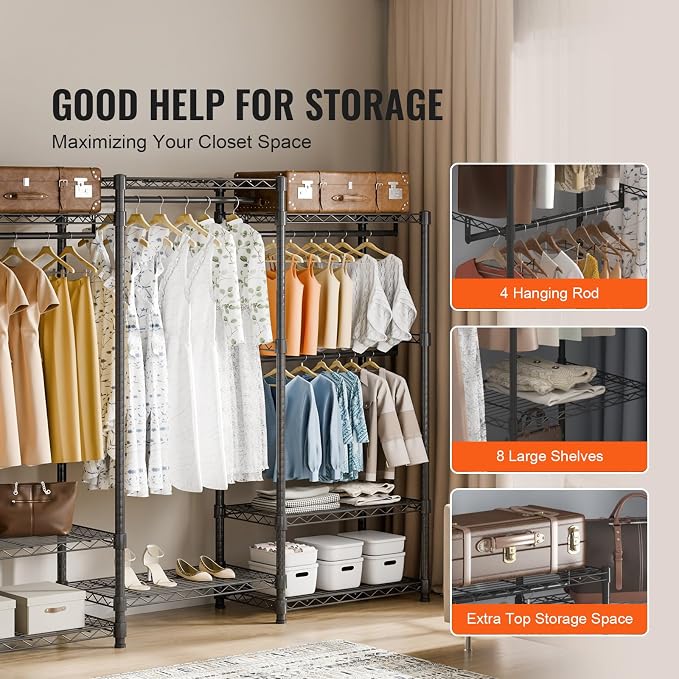 VEVOR Clothing Garment Rack, Heavy Duty Closet Wardrobe, Adjustable Tiers Clothes Racks with Steel Frame, for Bedroom, Clothing Store, Hallway