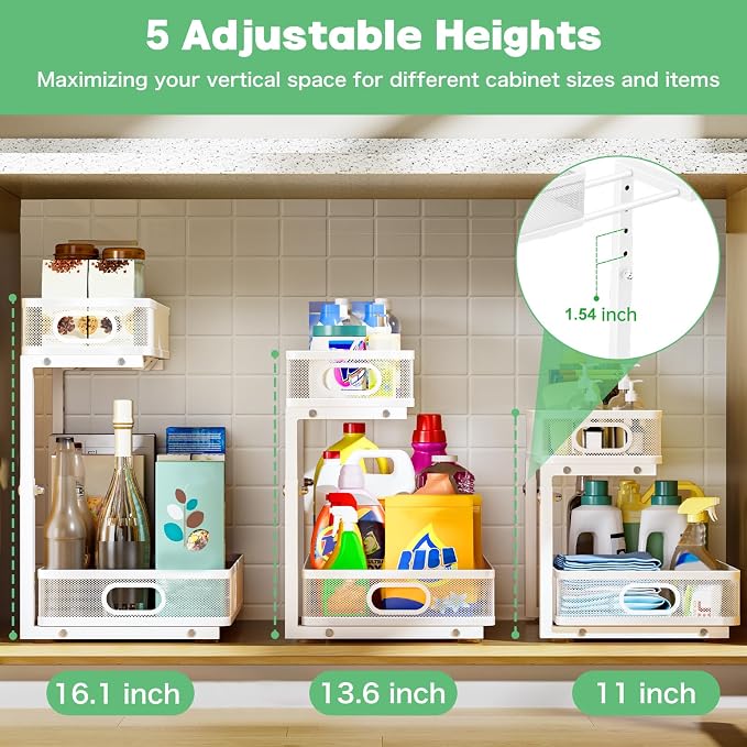 Under Sink Organizer 2 Pack, High Adjustable 2 Tier Under Sink Organizers and Storage, Slide out Metal Cabinet Organizers, Pull out Storage Drawer Shelf for Kitchen Bathroom Cabinet (White)