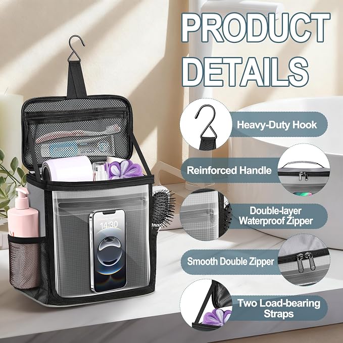 Portable Hanging Shower Caddy, Large Capacity Travel Toiletry Bag for Men & Women, Bath Organizer with Hook & Waterproof Phone Compartment, for Gym, Travel, Dorm, Picnic, Bathroom(Grey)