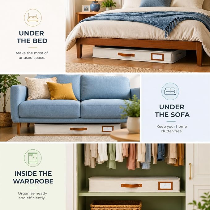 2pc Under Bed Storage Containers, Bedroom Under the Bed Drawer Storage Organizer with Bins and Lids, Large Underbed Clothes Storage Box Ideal for Blanket, Fabric, & Shoes (Ivory)