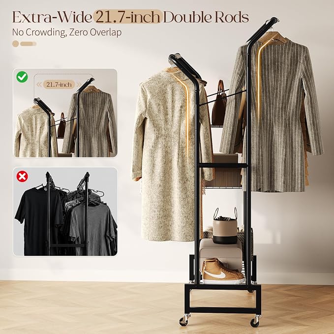Yoobure Double Rods Clothes Rack - Portable Clothing Rack with Wheels, Rolling Garment Rack with 3-Tier Shelves & 4 Hooks, Freestanding Clothing Racks for Hanging clothes, Coat Rack for Closet Bedroom
