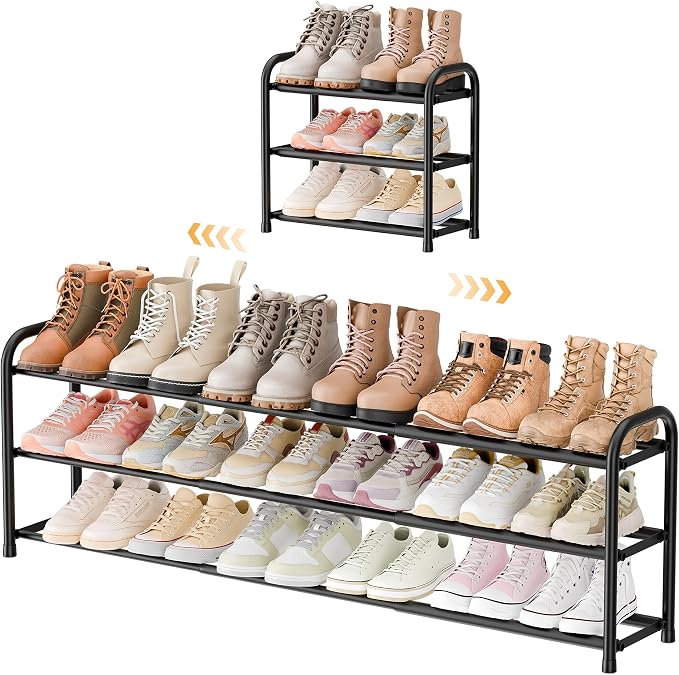 ENJOYBASICS 3 Tier Expandable Shoe Rack for Closet, Free Standing Metal Shoe Shelf Storage Organizer Holder 18 Pairs, Adjustable Width Shoe Rack for Entryway Small Space, Black