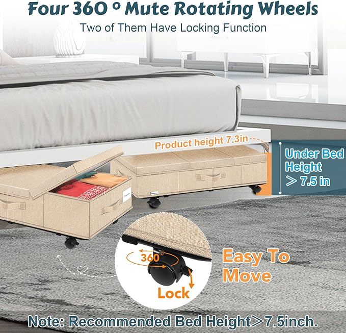 Supowin Under Bed Storage with Wheels, 2Pack Rolling Underbed Storage | 7.3 Inches Tall Under the Bed Container with Lids, Reinforced Handle, Reinforced Metal Bottom Support, 360° Rotating Wheels