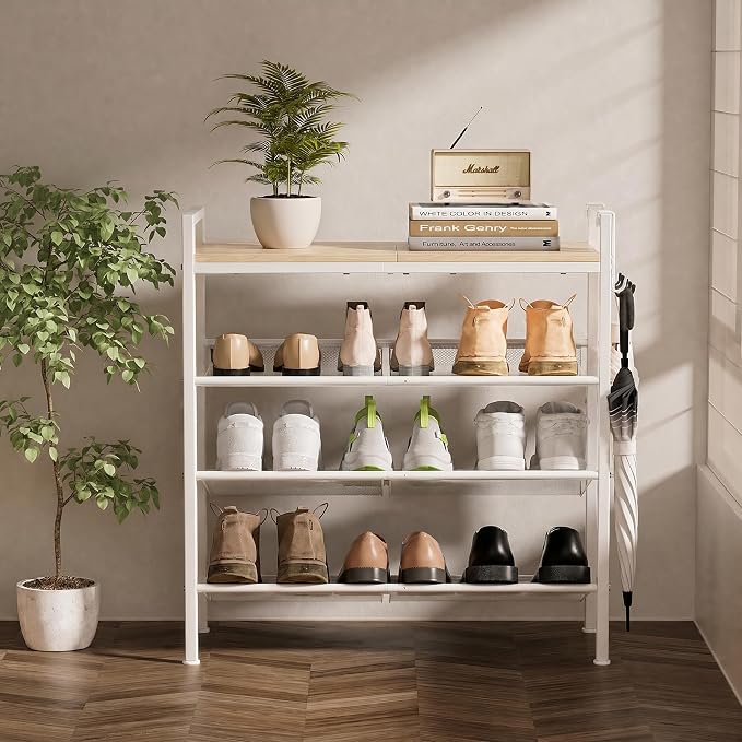 4 Tier Shoe Rack, Shoe Rack for Entryway with Hook, Shoe Organizer with Adjustable Mesh Shelves, Metal Shoe Storage, Closet, Bedroom Living Room Garage