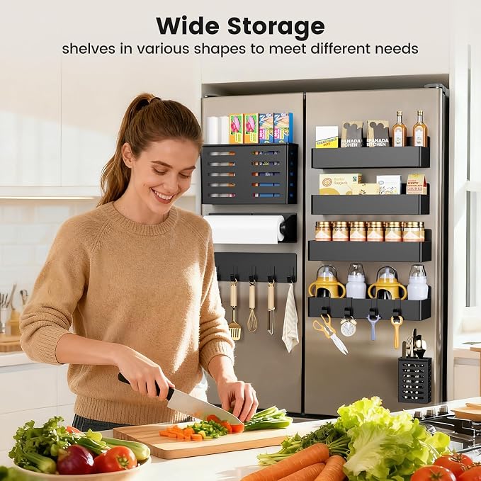 Magnetic Spice Rack for Refrigerator,8 Pack Magnetic Shelf,Fridge Magnet Organizer with Paper Towel Holder,Utensils Racks,Hook Rack,Deepened Basket,Fridge Organizers and Storage Black(8 Pack)