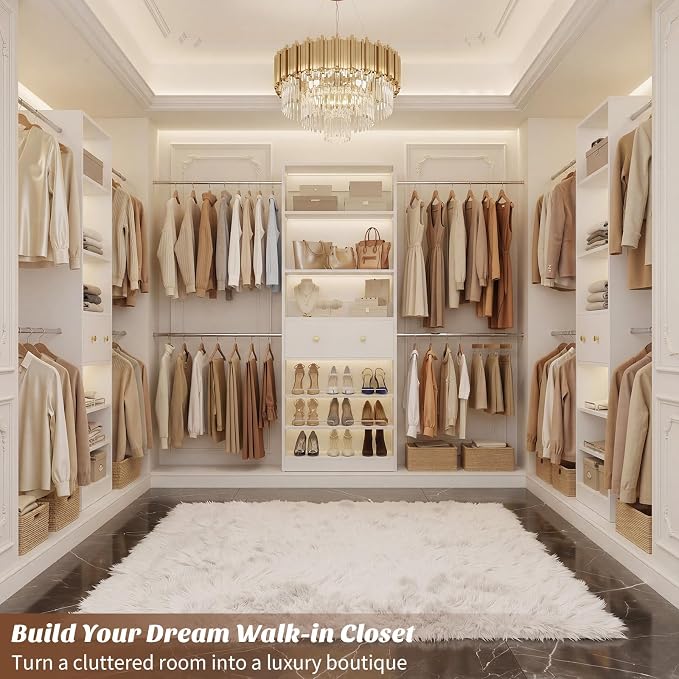 Wood Closet Organizer System - 4FT-9FT Expandable Wardrobe Closet with Drawer & 4 Hanging Rods, Heavy Duty Walk-in Closet 1000Lbs for Bedroom Walk-in Closet, White
