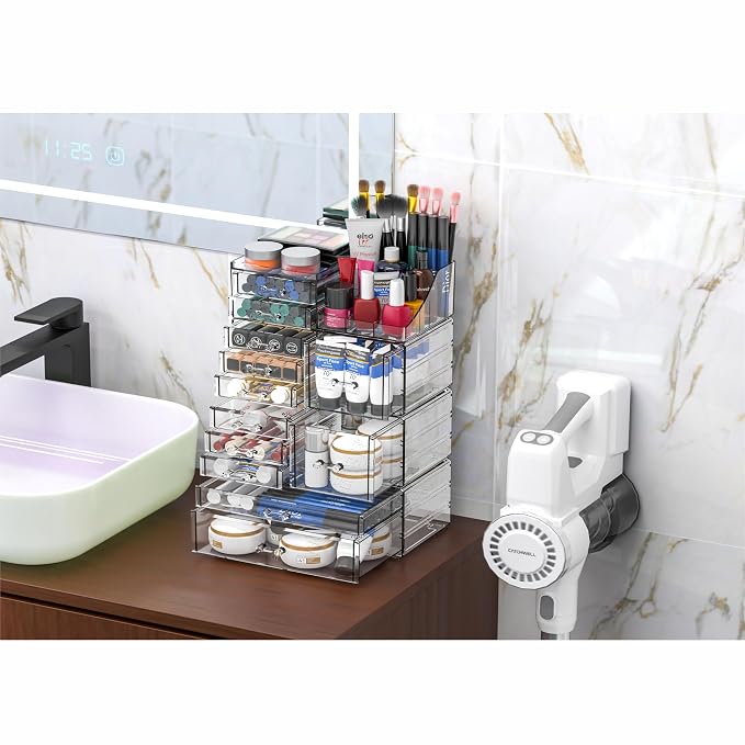 Acrylic Clear Make up Organizers And Storage for Vanity,Bathroom Skincare Organizer With 12 Drawer for Dresser,Plastic Desk Accessories Organization,Cosmetic Organizer Countertop for Beauty,Skin Care