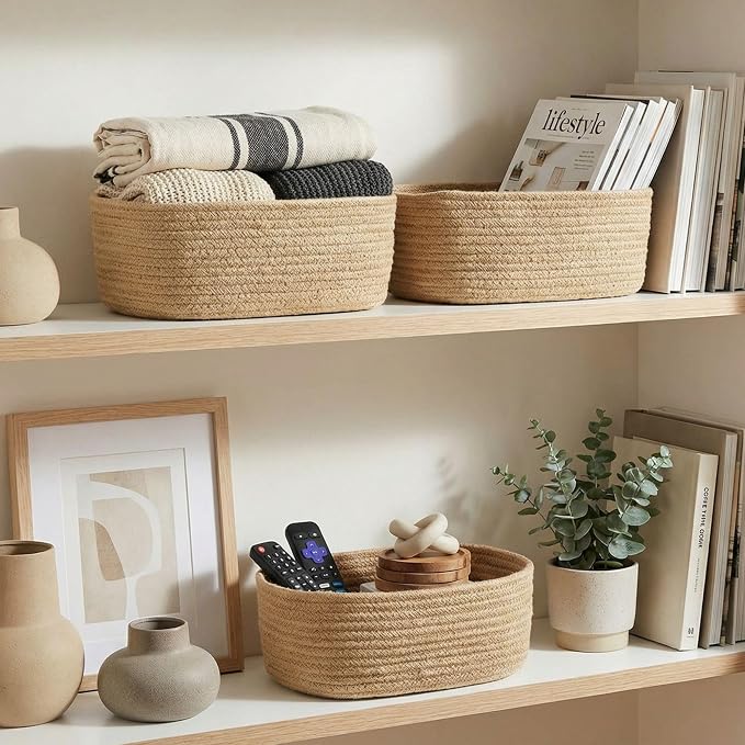 Beautiful Storage Basket Set of 3 - Sturdy Jute Rope Baskets for Shelves Are Perfect for Organizing Your Home - Quality Storage Bins Easily Fit With Any Nursery or Bedroom Decor