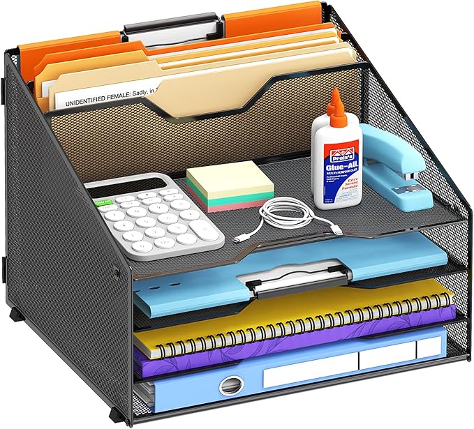 Desk File Organizer, 4 Letter Trays and 2 Upright Sections, Black | Paper Organizer for Desk with Tiered Letter Trays and Vertical File Holders for Home Office, School and Workspace Use