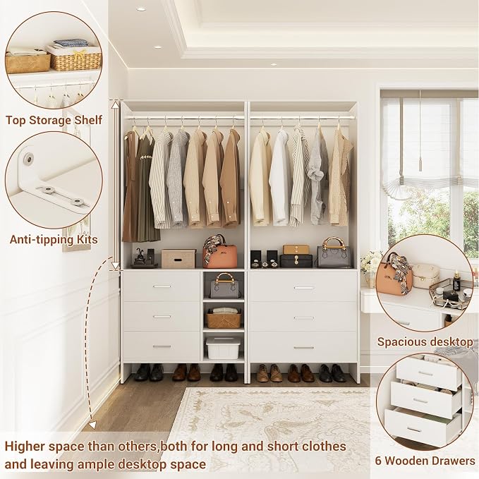 Aheaplus Closet System with 6 Drawers, 4.5ft Wood Closet Organizer System, Walk-in Closet or Small Closets Wardrobe, Clothes Rack with Hanging Rods, Set of 2, White