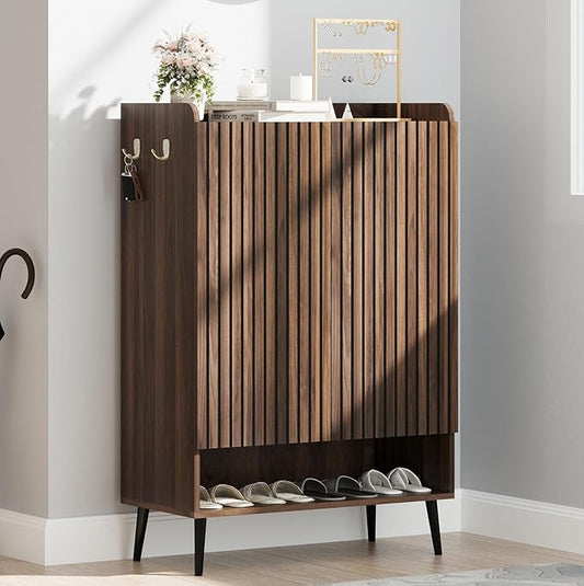 GarveeHome Shoe Cabinet, Large Shoe Cabinet with Doors, Adjustable Shelves, Shoe Organizer with Doors for Hallway, Entryway, Living Room,Nut-Brown