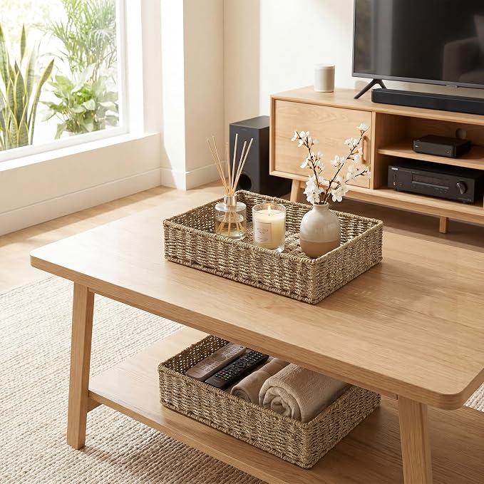 StorageWorks Large Seagrass Tray for Bathroom, Seagrass Storage Baskets for Shelves, Handwoven Natural Wicker Baskets for Organizing, 2-Pack | Handwoven Seagrass Trays for Decor & Organizing, Shallow Rectangle Wicker Tray for Coffee Table, Living Room,...