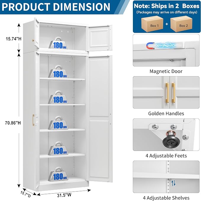 86" Tall Metal Kitchen Pantry Storage Cabinet with Doors | White Freestanding Heavy Duty Steel Cupboard, 4 Adjustable Shelves, Extra Large Organizer for Home and Garage (2 Boxes)