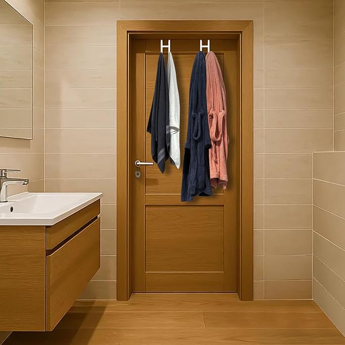Double Over Door Steel Hooks 2 Pack Fit 1-3/8" Door 5.5" White | Plastic Coated Rubber Feel Towel Rack Robe Coat Shoe Wreath Hanger No Damage No Scratch for Bathroom Heavy Duty Thin Top
