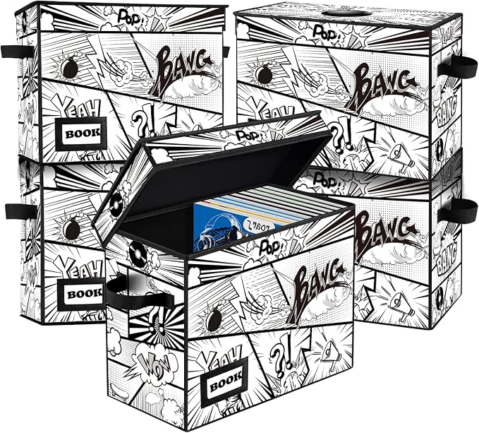 5 Pack Comic Book Storage Box, 15.8" X 7.8" X 11.8", Collapsible Holds 160-180 Comic Book Short Box Bin Container Holder Shelf(Cartoon Bombs)