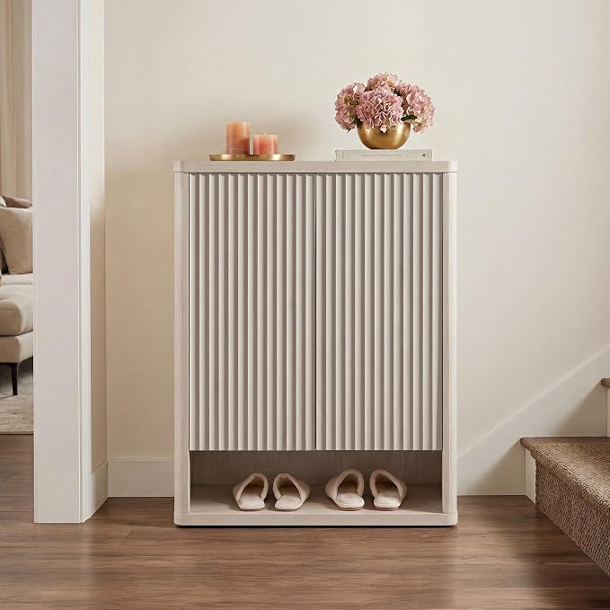 SICOTAS Shoe Cabinet 44 inch Tall Fluted Shoe Cabinet with Doors & 4 Shelves Wooden Large Hidden Shoe Storage Organizer Modern Free Standing 6-Tier Cabinet for Entryway Living Room Closet
