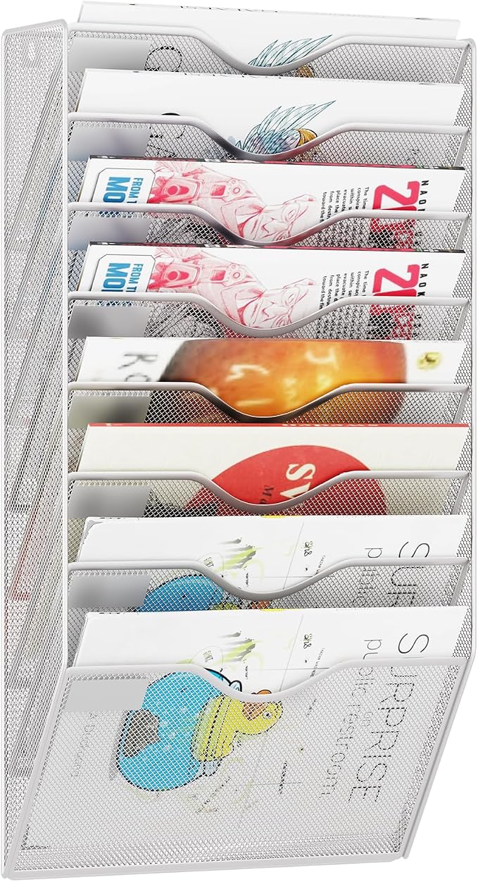 8 Pockets Mesh Hanging Wall File Holder Organizer Wall Mounted Paper Magazine Rack, Silver