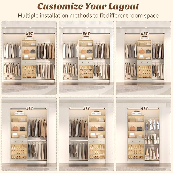 Wood Closet Organizer System - 4FT-9FT Expandable Wardrobe Closet with Drawer & 4 Hanging Rods, Heavy Duty Walk-in Closet 1000Lbs for Bedroom Walk-in Closet, White Oak