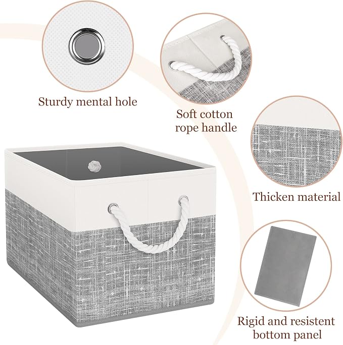 StorageTastic Storage Bin,Collapsible Storage Basket | For Organizing,Large Storage Boxes With Rope Handles,Storage Containers,White & Grey,3 Pack