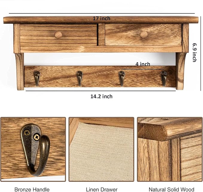 Emfogo Coat Hooks Mounted, Rustic Wood Coat Rack Mount Shelf with Hooks, Farmhouse Coat Rack with Shelf & Coat Hook for Entryway, Mudroom, Bedroom, Kitchen, Bathroom (Brown)