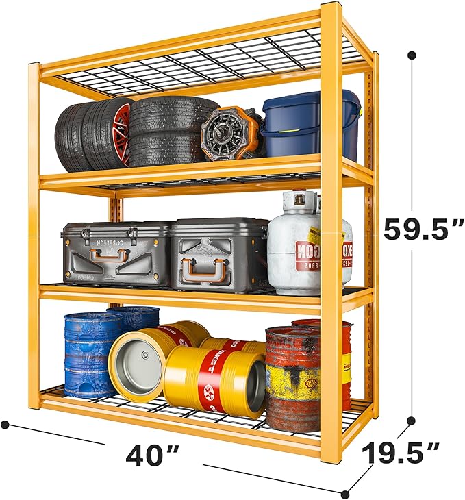 REIBII 40" W Yellow Garage Shelving with Double-Layer Frames for Homeowners | Load 2200Lbs, Adjustable, 10-Minute Easy Assembly, Wire Mesh Panels, for Garage Basement Warehouse Pantry, 40"W×19.5"D×59.5"H