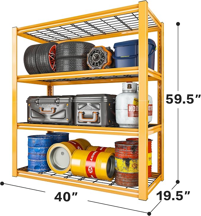 REIBII 40" W Yellow Garage Shelving with Double-Layer Frames for Homeowners | 2240Lbs, Adjustable, 10-Min Easy Assembly, Wire Mesh Panels, for Garage Basement Warehouse Commercial, 40"W×19.5"D×59.5"H, 3P