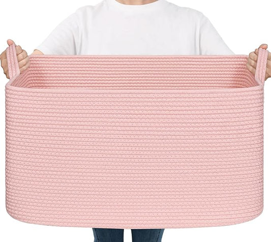 Goodpick Large Woven Storage Basket, Rectangle Toy Organizer, Pink | 21.6 x 14.9 x 11.8 in, Reinforced Handles, Living Room, Bedroom & Nursery Organization, Toys & Blankets Storage
