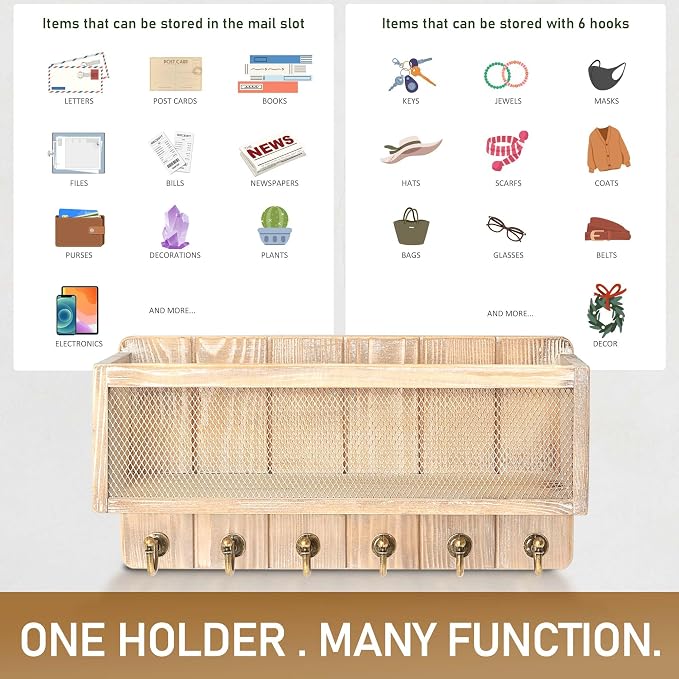 Rebee Vision Key Holder Wall Mount with Mail Basket for Home, Natural Wood | Pine Wood, Key Holder for Wall, 6 Key Hooks, Mail Organizer, Stores Letters and Sunglasses, Home Decor, Apartment Storage