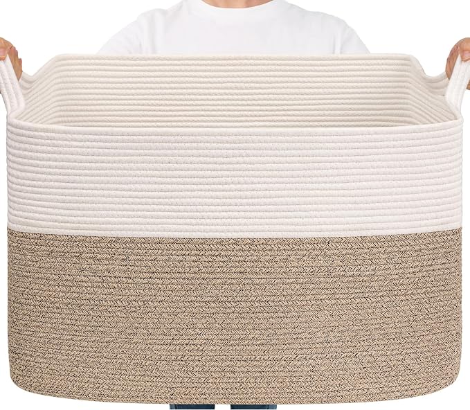 Goodpick 105L Extra Large Cotton Rope Blanket Basket, White & Light Brown | 25 x 16 x 16 in, Reinforced Handles, Living Room, Bedroom & Nursery Organization, Blankets, Toys, Clothes & Pillows Storage